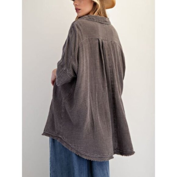 #0837 Easel NWT Ash Washed Cotton Gauze Button Up Oversized Shirt Sz Small-Large - Picture 4 of 4